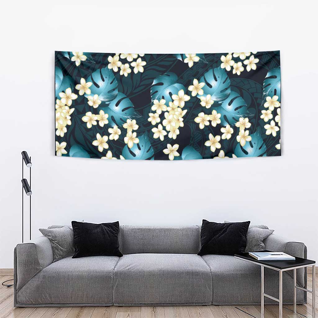 Dark Cyan Tropical Hawaii Tapestry Seamless Monstera Plumeria Hawaiian Pattern - Polynesian Pride