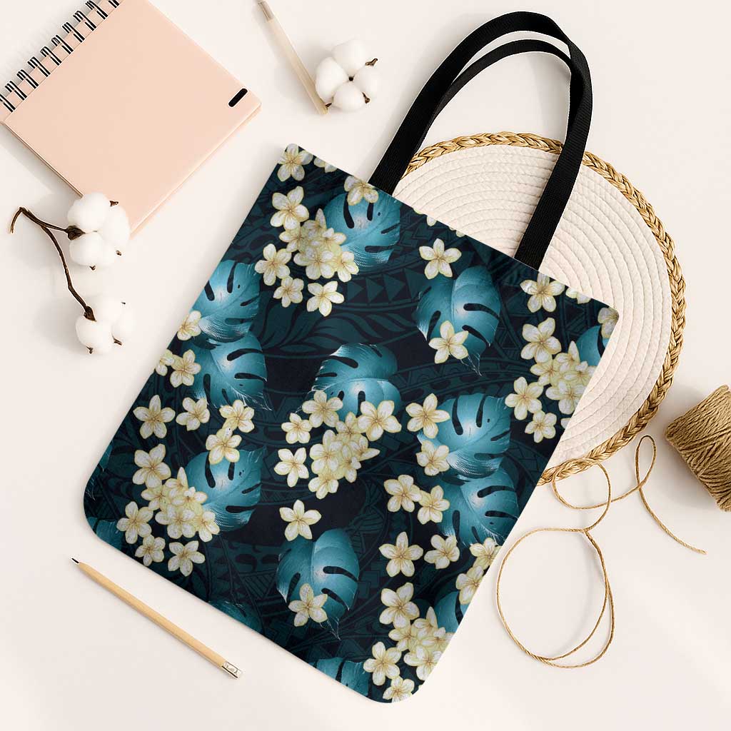 Dark Cyan Tropical Hawaii Tote Bag Seamless Monstera Plumeria Hawaiian Pattern - Polynesian Pride