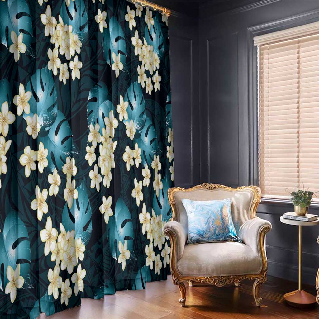 Dark Cyan Tropical Hawaii Window Curtain Seamless Monstera Plumeria Hawaiian Pattern - Polynesian Pride