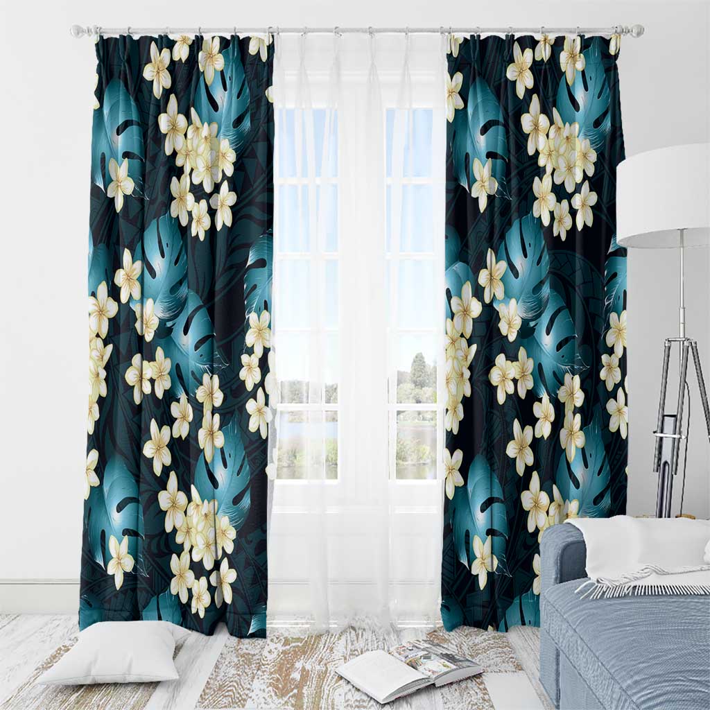 Dark Cyan Tropical Hawaii Window Curtain Seamless Monstera Plumeria Hawaiian Pattern - Polynesian Pride