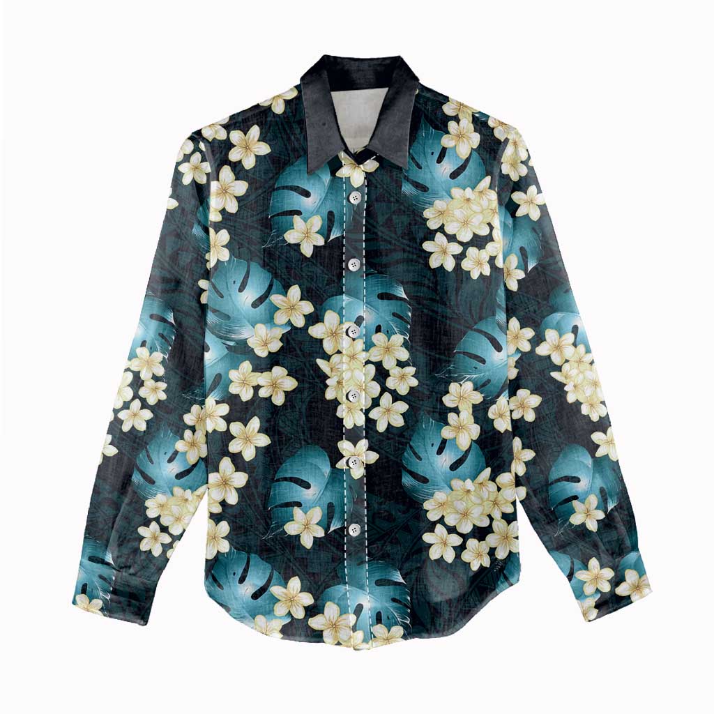 Dark Cyan Tropical Hawaii Women Casual Shirt Seamless Monstera Plumeria Hawaiian Pattern - Polynesian Pride