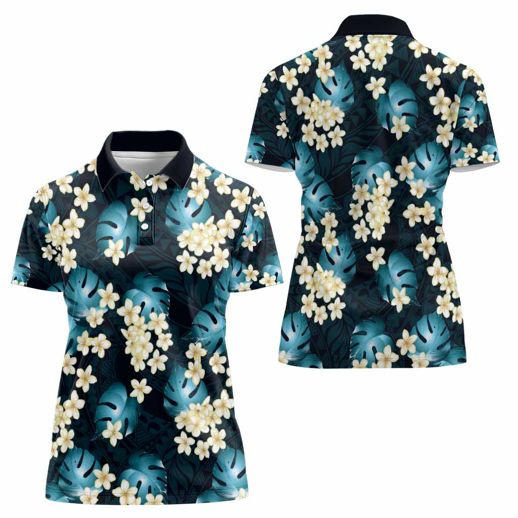 Dark Cyan Tropical Hawaii Women Polo Shirt Seamless Monstera Plumeria Hawaiian Pattern - Polynesian Pride