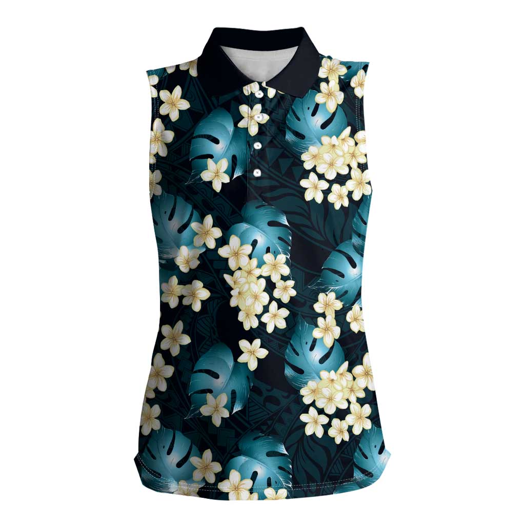 Dark Cyan Tropical Hawaii Women Sleeveless Polo Shirt Seamless Monstera Plumeria Hawaiian Pattern - Polynesian Pride
