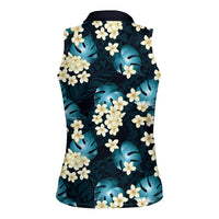 Dark Cyan Tropical Hawaii Women Sleeveless Polo Shirt Seamless Monstera Plumeria Hawaiian Pattern - Polynesian Pride