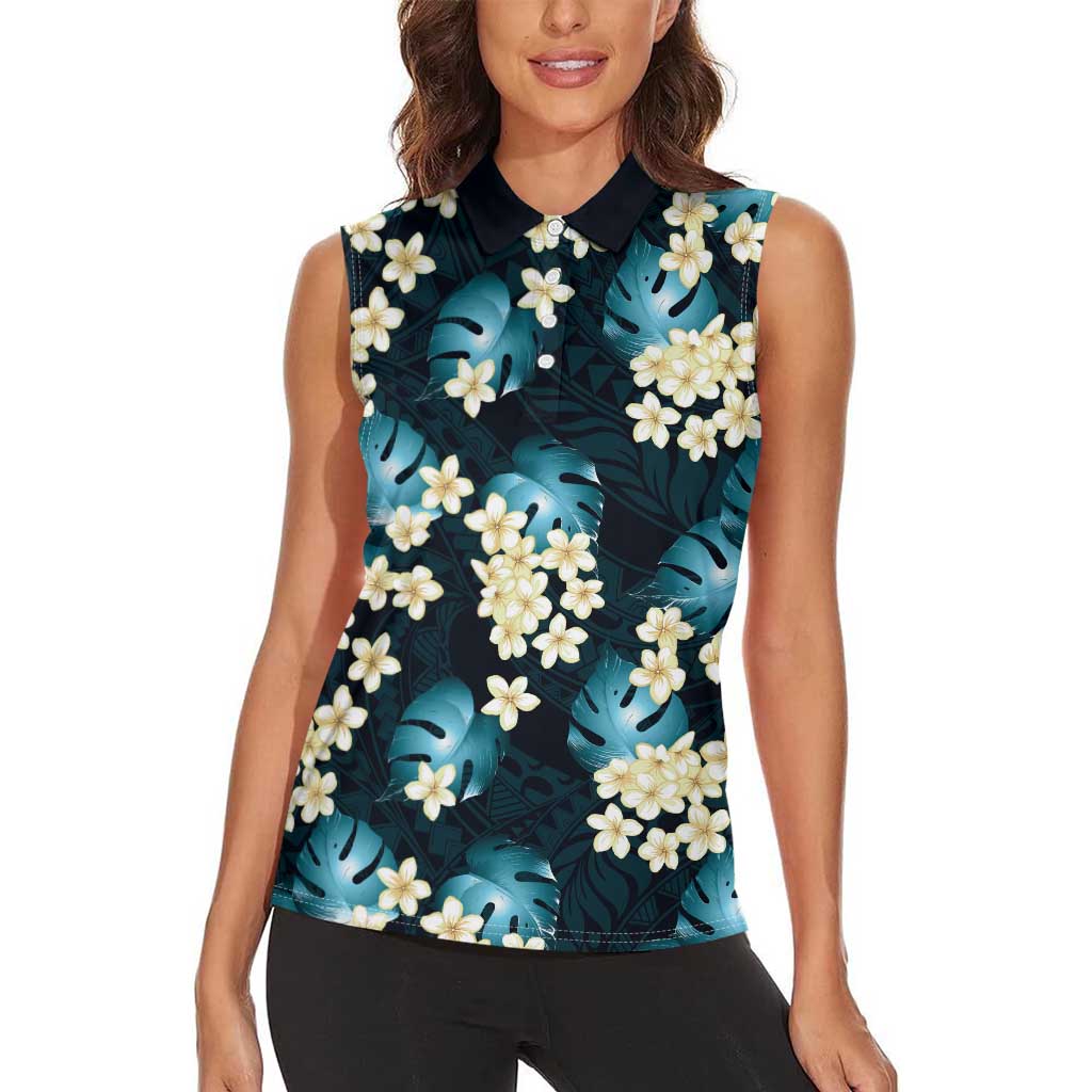 Dark Cyan Tropical Hawaii Women Sleeveless Polo Shirt Seamless Monstera Plumeria Hawaiian Pattern - Polynesian Pride