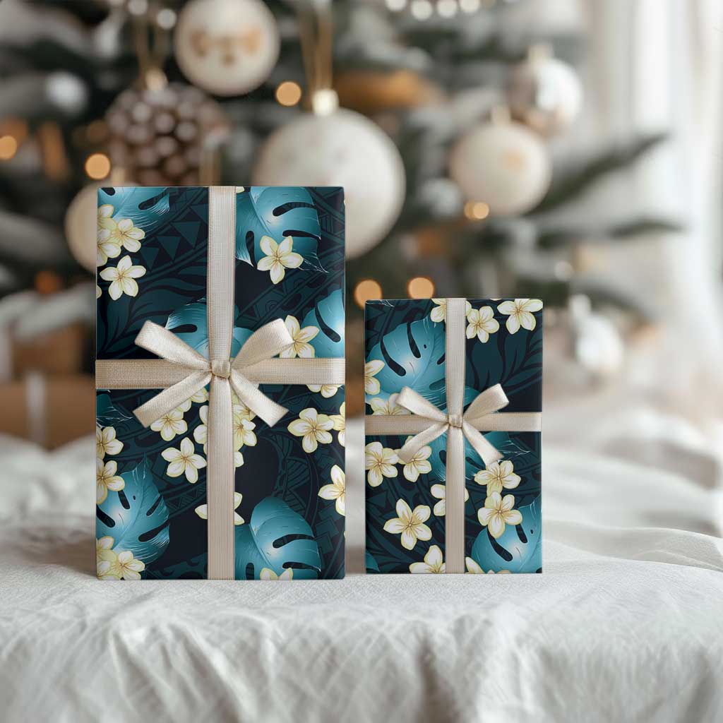 Dark Cyan Tropical Hawaii Wrapping Paper Seamless Monstera Plumeria Hawaiian Pattern - Polynesian Pride