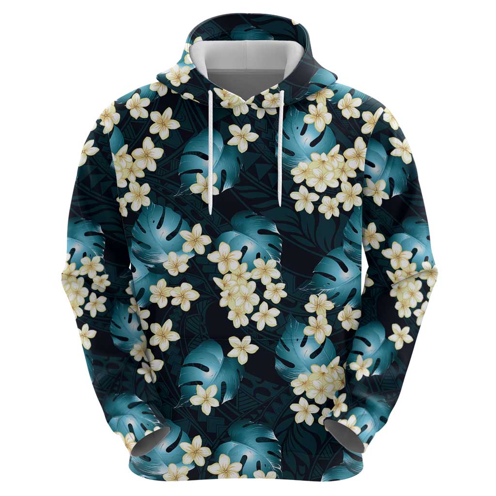 Dark Cyan Tropical Hawaii Zip Hoodie Seamless Monstera Plumeria Hawaiian Pattern - Polynesian Pride