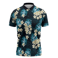 Dark Cyan Tropical Hawaii Zipper Polo Shirt Seamless Monstera Plumeria Hawaiian Pattern - Polynesian Pride
