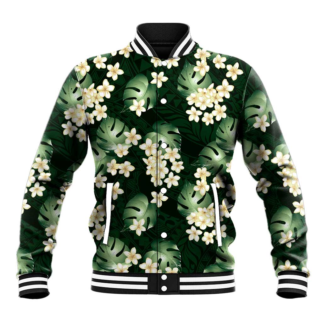 Green Tropical Hawaii Baseball Jacket Seamless Monstera Plumeria Hawaiian Pattern - Polynesian Pride