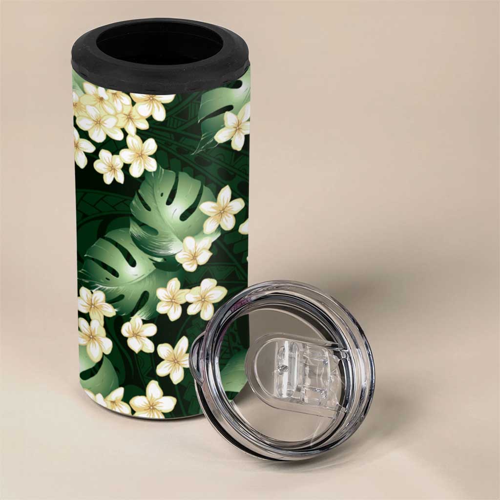 Green Tropical Hawaii 4 in 1 Can Cooler Tumbler Seamless Monstera Plumeria Hawaiian Pattern - Polynesian Pride