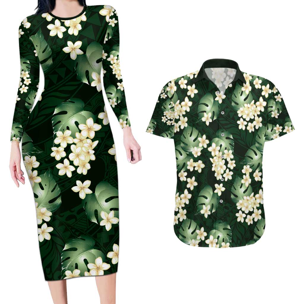 Green Tropical Hawaii Couples Matching Long Sleeve Bodycon Dress and Hawaiian Shirt Seamless Monstera Plumeria Hawaiian Pattern - Polynesian Pride