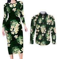 Green Tropical Hawaii Couples Matching Long Sleeve Bodycon Dress and Long Sleeve Button Shirt Seamless Monstera Plumeria Hawaiian Pattern - Polynesian Pride