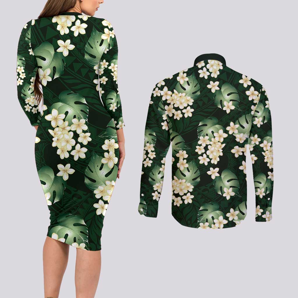 Green Tropical Hawaii Couples Matching Long Sleeve Bodycon Dress and Long Sleeve Button Shirt Seamless Monstera Plumeria Hawaiian Pattern - Polynesian Pride