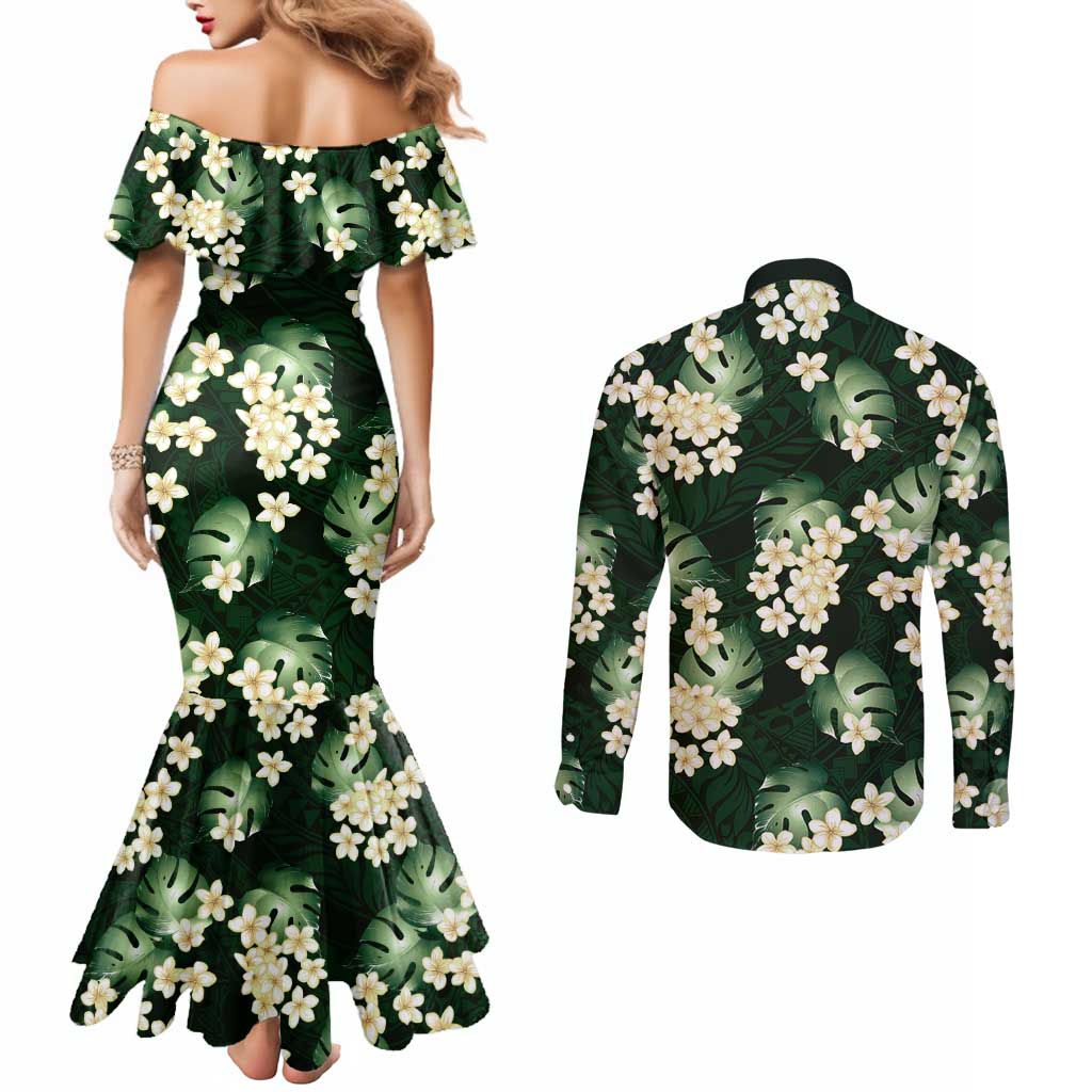 Green Tropical Hawaii Couples Matching Mermaid Dress and Long Sleeve Button Shirt Seamless Monstera Plumeria Hawaiian Pattern - Polynesian Pride