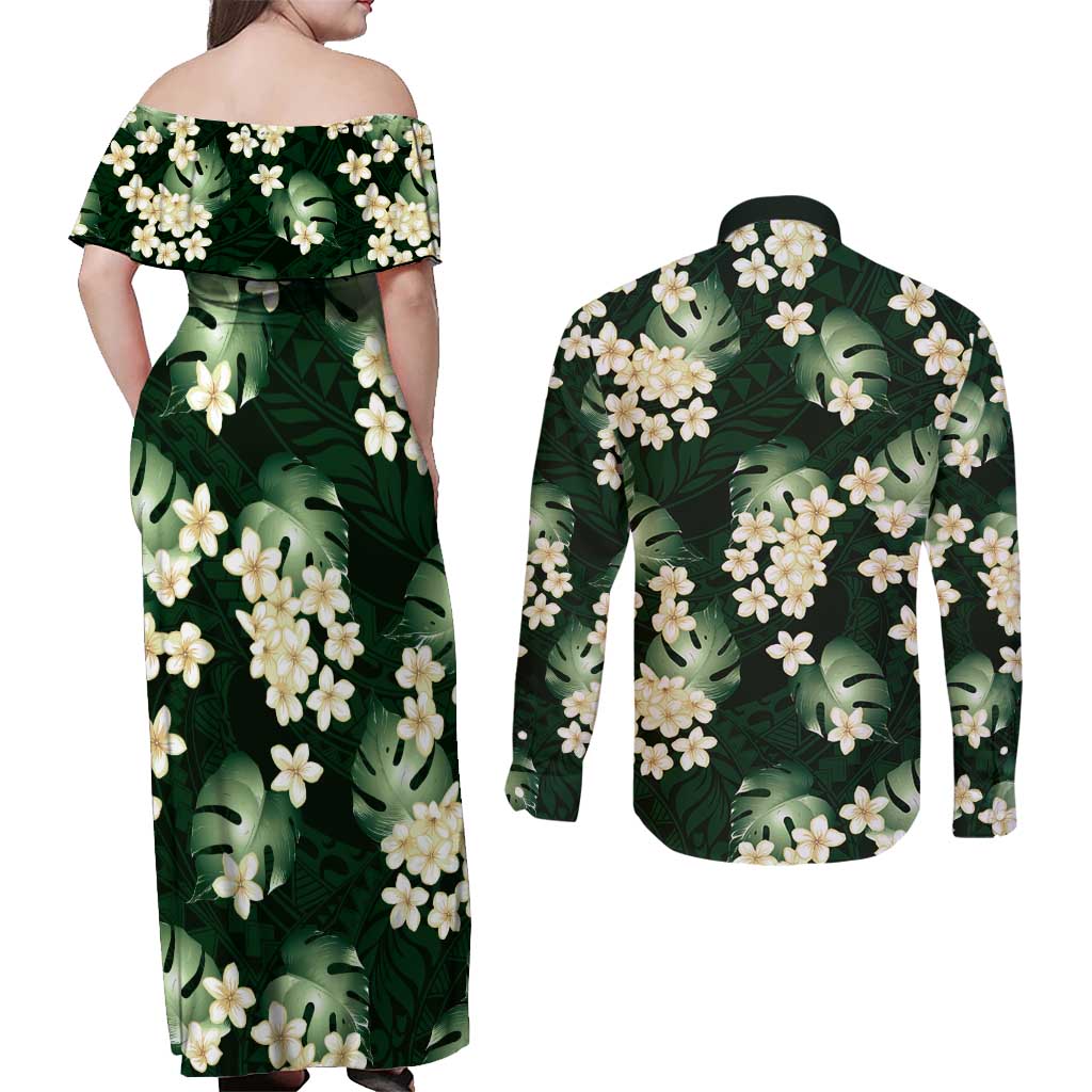 Green Tropical Hawaii Couples Matching Off Shoulder Maxi Dress and Long Sleeve Button Shirt Seamless Monstera Plumeria Hawaiian Pattern - Polynesian Pride