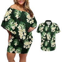 Green Tropical Hawaii Couples Matching Off Shoulder Short Dress and Hawaiian Shirt Seamless Monstera Plumeria Hawaiian Pattern - Polynesian Pride