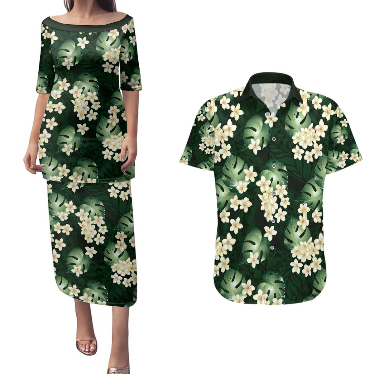 Green Tropical Hawaii Couples Matching Puletasi and Hawaiian Shirt Seamless Monstera Plumeria Hawaiian Pattern - Polynesian Pride