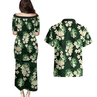 Green Tropical Hawaii Couples Matching Puletasi and Hawaiian Shirt Seamless Monstera Plumeria Hawaiian Pattern - Polynesian Pride