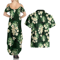 Green Tropical Hawaii Couples Matching Summer Maxi Dress and Hawaiian Shirt Seamless Monstera Plumeria Hawaiian Pattern - Polynesian Pride