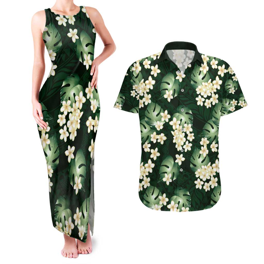 Green Tropical Hawaii Couples Matching Tank Maxi Dress and Hawaiian Shirt Seamless Monstera Plumeria Hawaiian Pattern - Polynesian Pride