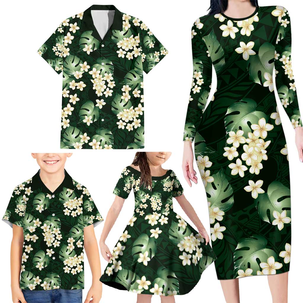 Green Tropical Hawaii Family Matching Long Sleeve Bodycon Dress and Hawaiian Shirt Seamless Monstera Plumeria Hawaiian Pattern - Polynesian Pride