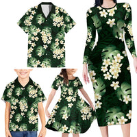 Green Tropical Hawaii Family Matching Long Sleeve Bodycon Dress and Hawaiian Shirt Seamless Monstera Plumeria Hawaiian Pattern - Polynesian Pride