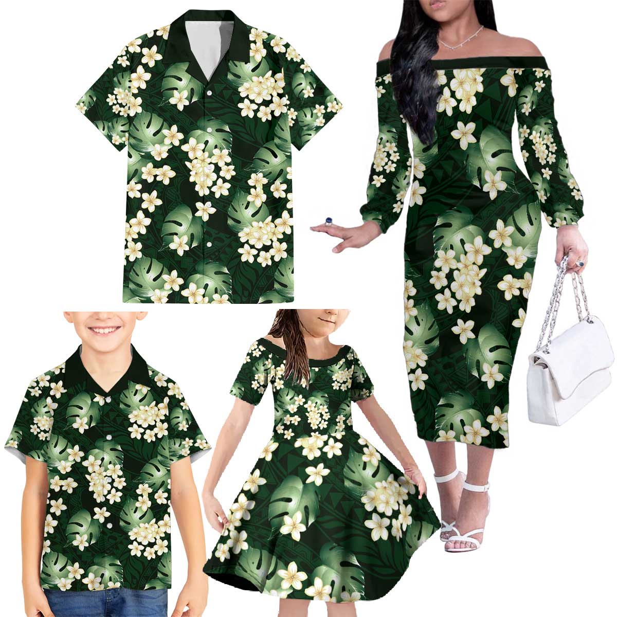 Green Tropical Hawaii Family Matching Off The Shoulder Long Sleeve Dress and Hawaiian Shirt Seamless Monstera Plumeria Hawaiian Pattern - Polynesian Pride