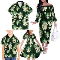 Green Tropical Hawaii Family Matching Off The Shoulder Long Sleeve Dress and Hawaiian Shirt Seamless Monstera Plumeria Hawaiian Pattern - Polynesian Pride