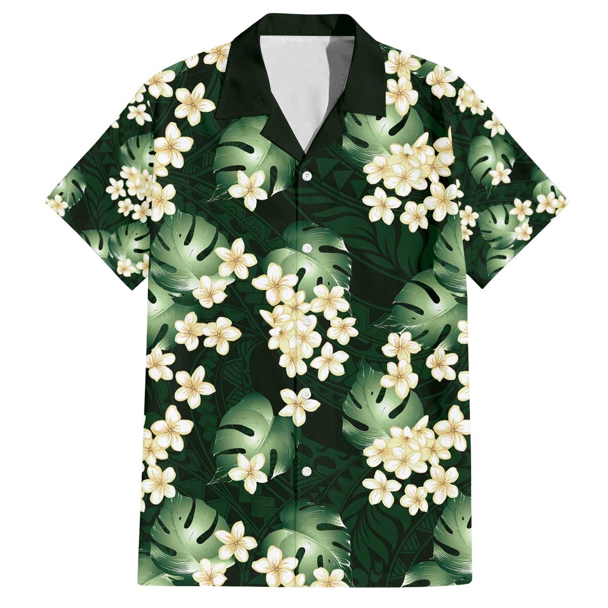 Green Tropical Hawaii Family Matching Off The Shoulder Long Sleeve Dress and Hawaiian Shirt Seamless Monstera Plumeria Hawaiian Pattern - Polynesian Pride
