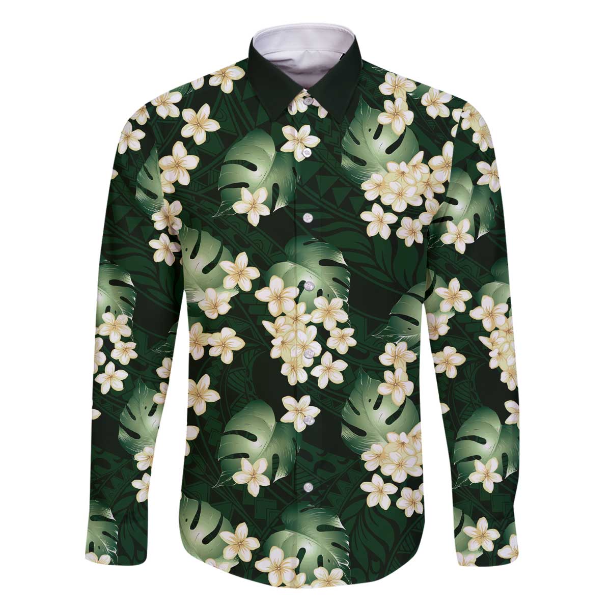 Green Tropical Hawaii Family Matching Off The Shoulder Long Sleeve Dress and Hawaiian Shirt Seamless Monstera Plumeria Hawaiian Pattern - Polynesian Pride