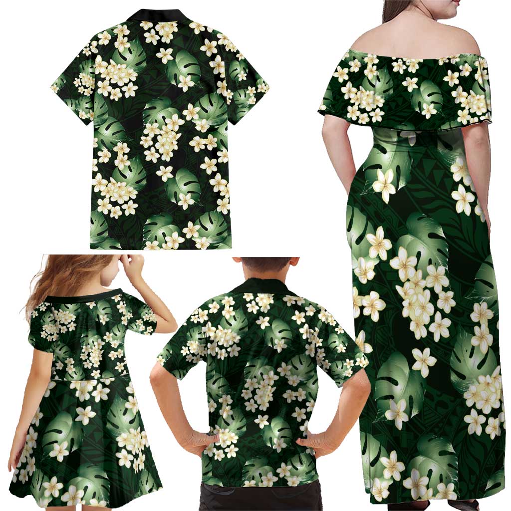 Green Tropical Hawaii Family Matching Off Shoulder Maxi Dress and Hawaiian Shirt Seamless Monstera Plumeria Hawaiian Pattern - Polynesian Pride