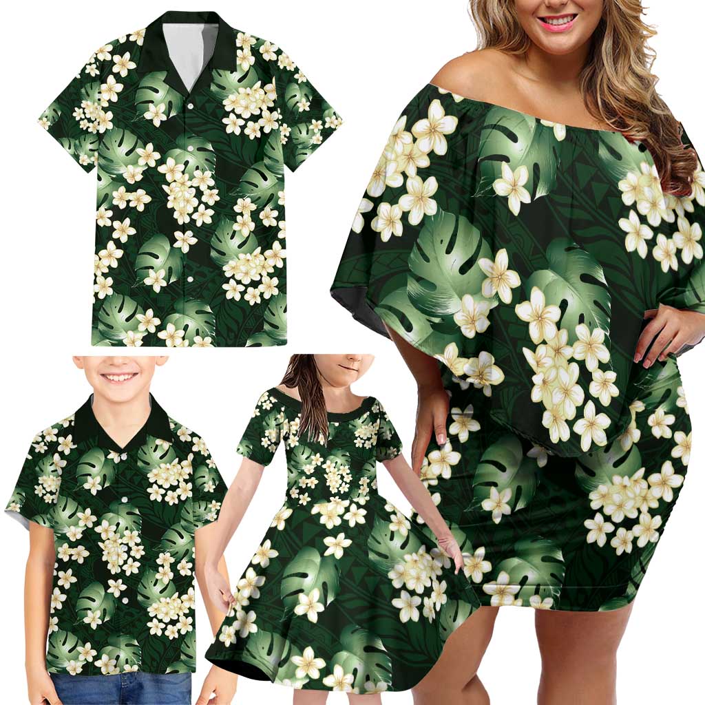 Green Tropical Hawaii Family Matching Off Shoulder Short Dress and Hawaiian Shirt Seamless Monstera Plumeria Hawaiian Pattern - Polynesian Pride