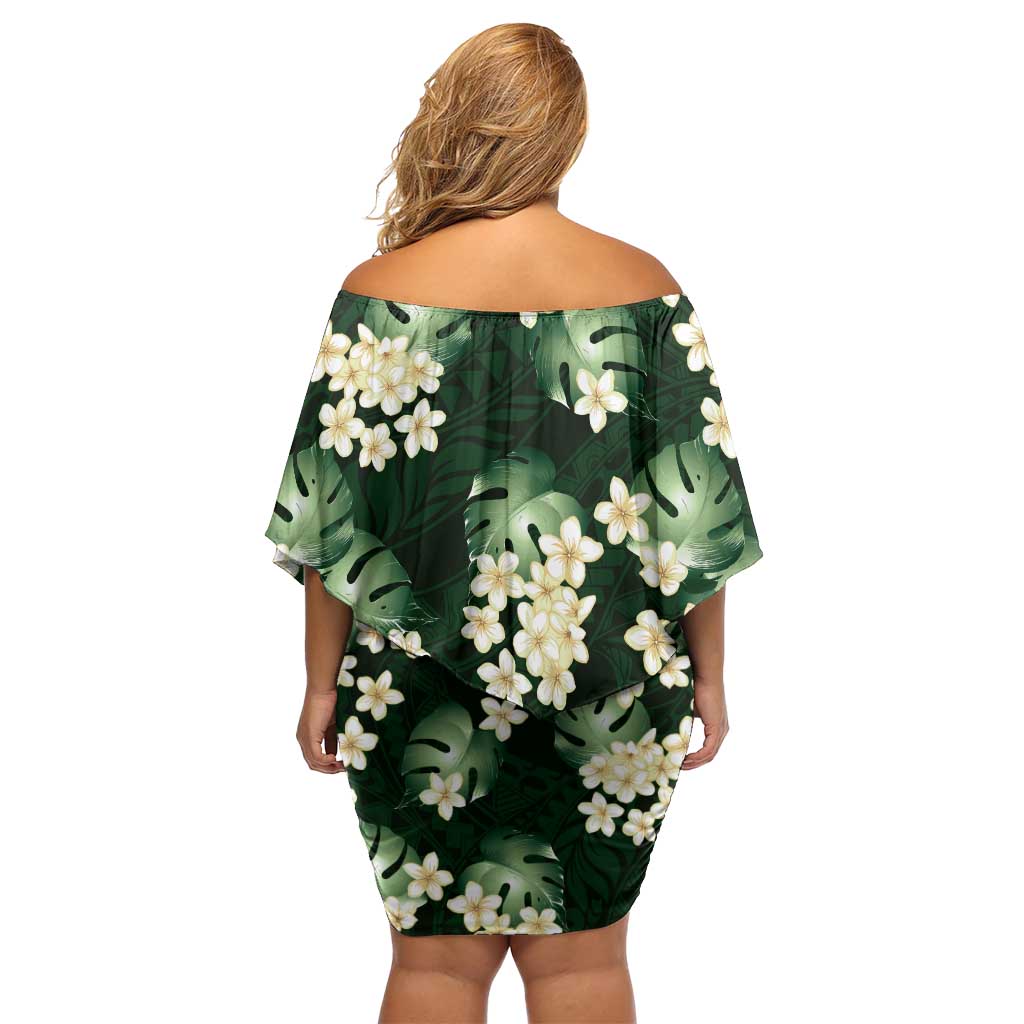 Green Tropical Hawaii Family Matching Off Shoulder Short Dress and Hawaiian Shirt Seamless Monstera Plumeria Hawaiian Pattern - Polynesian Pride