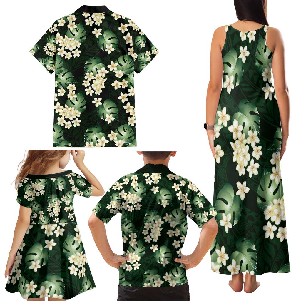 Green Tropical Hawaii Family Matching Tank Maxi Dress and Hawaiian Shirt Seamless Monstera Plumeria Hawaiian Pattern - Polynesian Pride