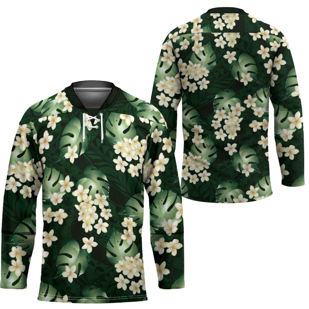 Green Tropical Hawaii Hockey Jersey Seamless Monstera Plumeria Hawaiian Pattern - Polynesian Pride