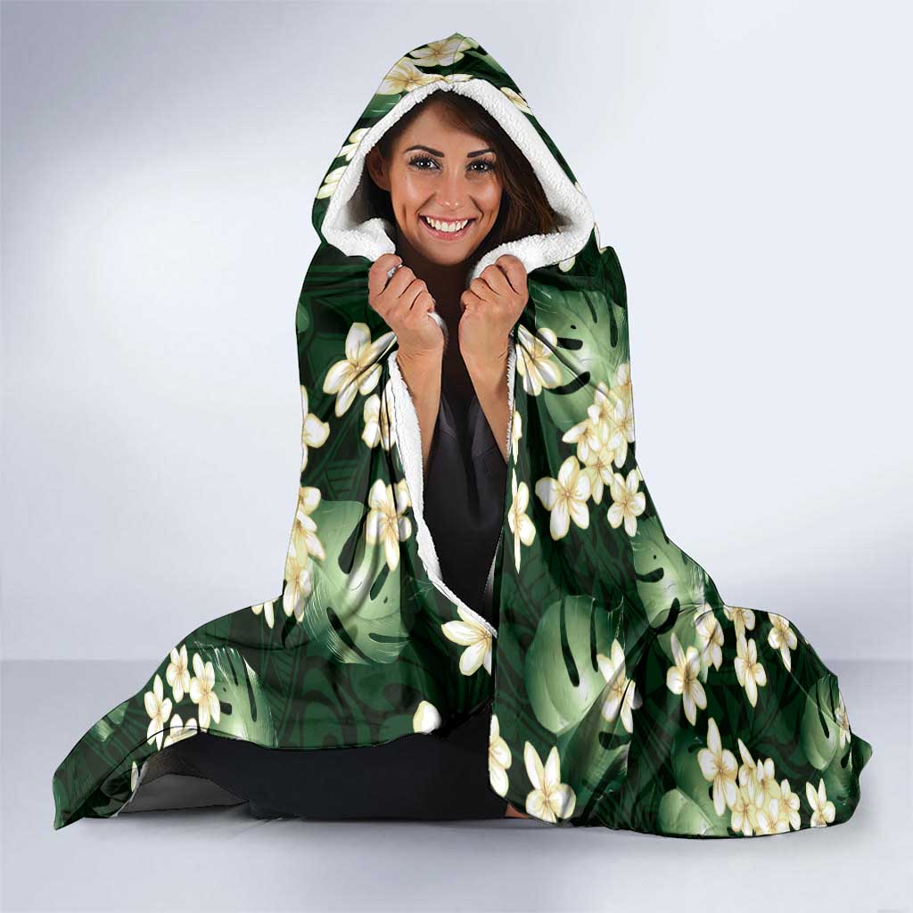 Green Tropical Hawaii Hooded Blanket Seamless Monstera Plumeria Hawaiian Pattern - Polynesian Pride