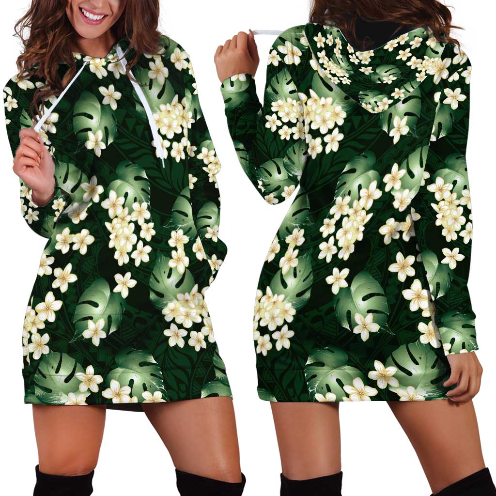 Green Tropical Hawaii Hoodie Dress Seamless Monstera Plumeria Hawaiian Pattern - Polynesian Pride