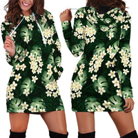 Green Tropical Hawaii Hoodie Dress Seamless Monstera Plumeria Hawaiian Pattern - Polynesian Pride