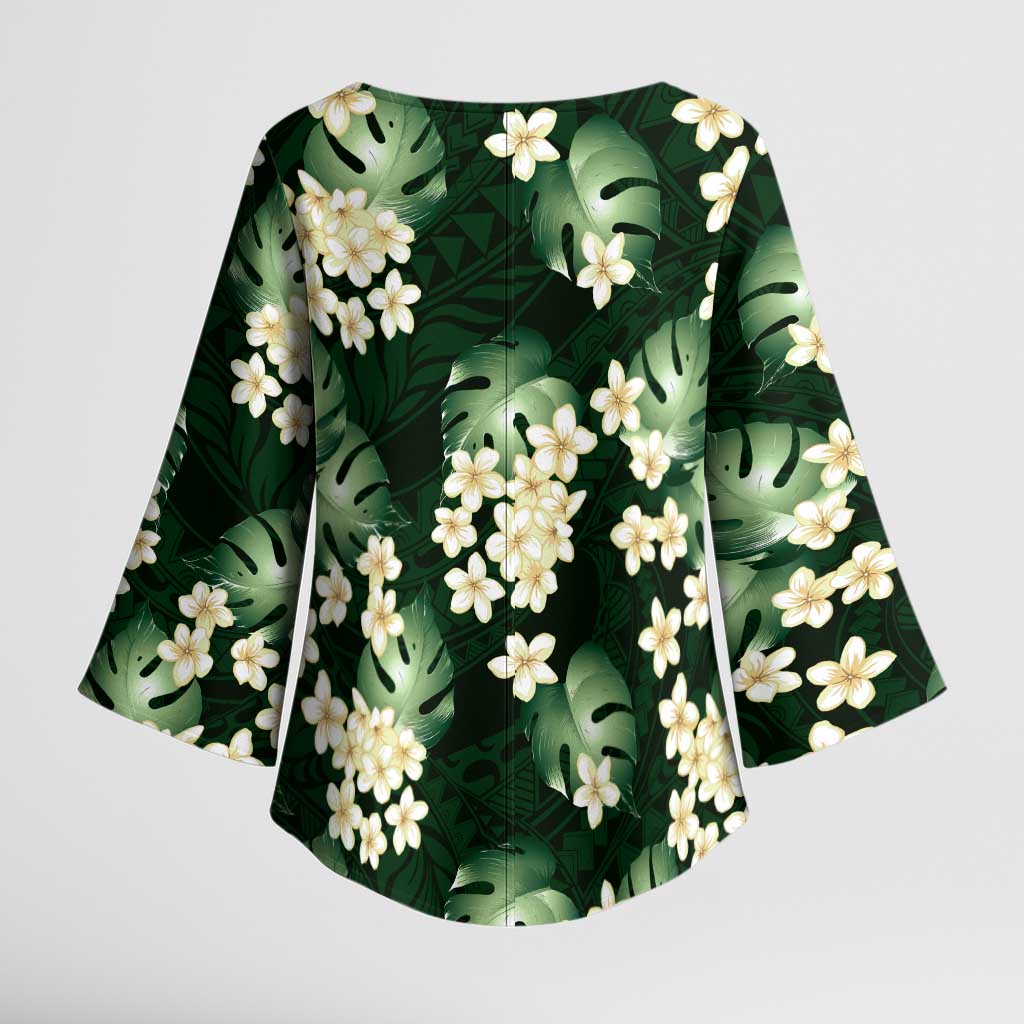 Green Tropical Hawaii Kimono Sleeve Blouse Seamless Monstera Plumeria Hawaiian Pattern - Polynesian Pride