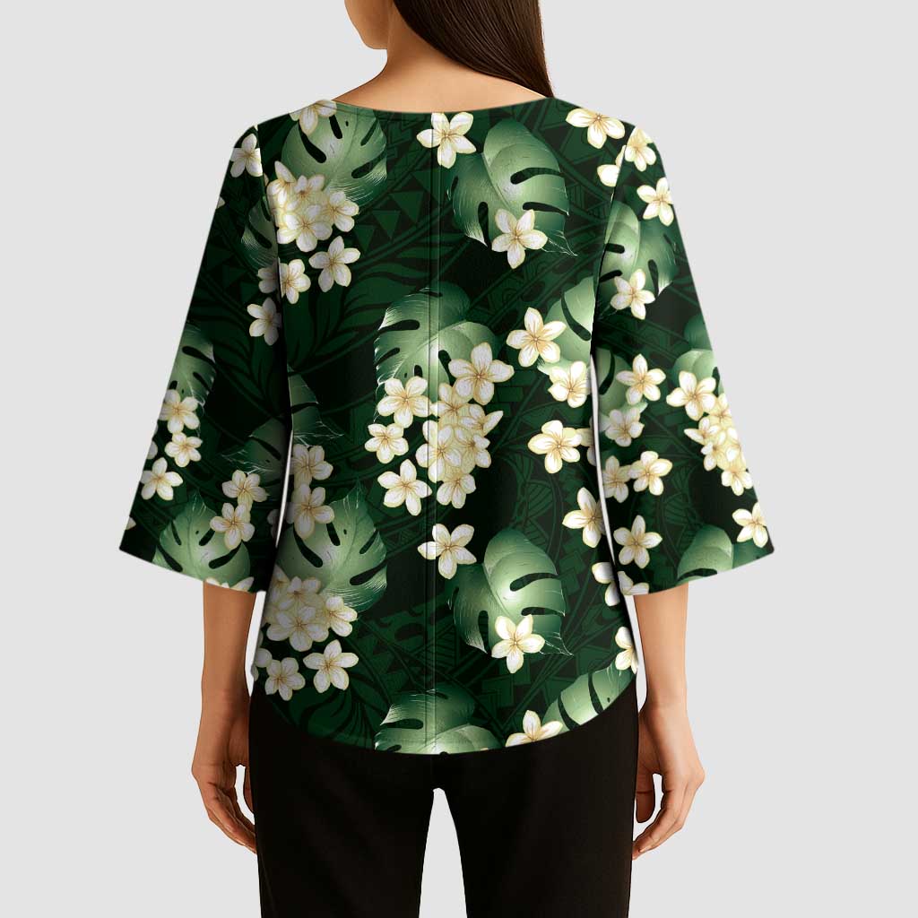 Green Tropical Hawaii Kimono Sleeve Blouse Seamless Monstera Plumeria Hawaiian Pattern - Polynesian Pride