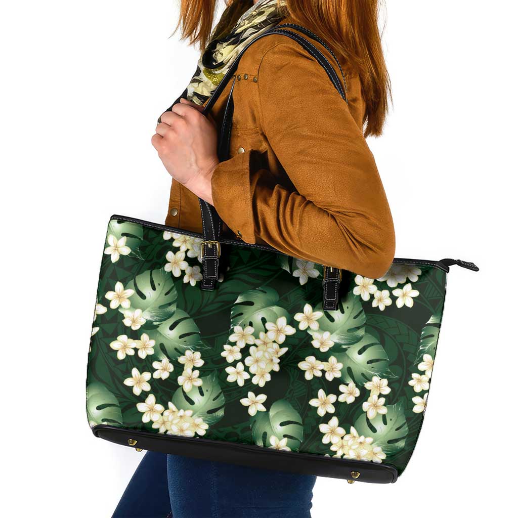 Green Tropical Hawaii Leather Tote Bag Seamless Monstera Plumeria Hawaiian Pattern - Polynesian Pride