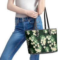 Green Tropical Hawaii Leather Tote Bag Seamless Monstera Plumeria Hawaiian Pattern - Polynesian Pride