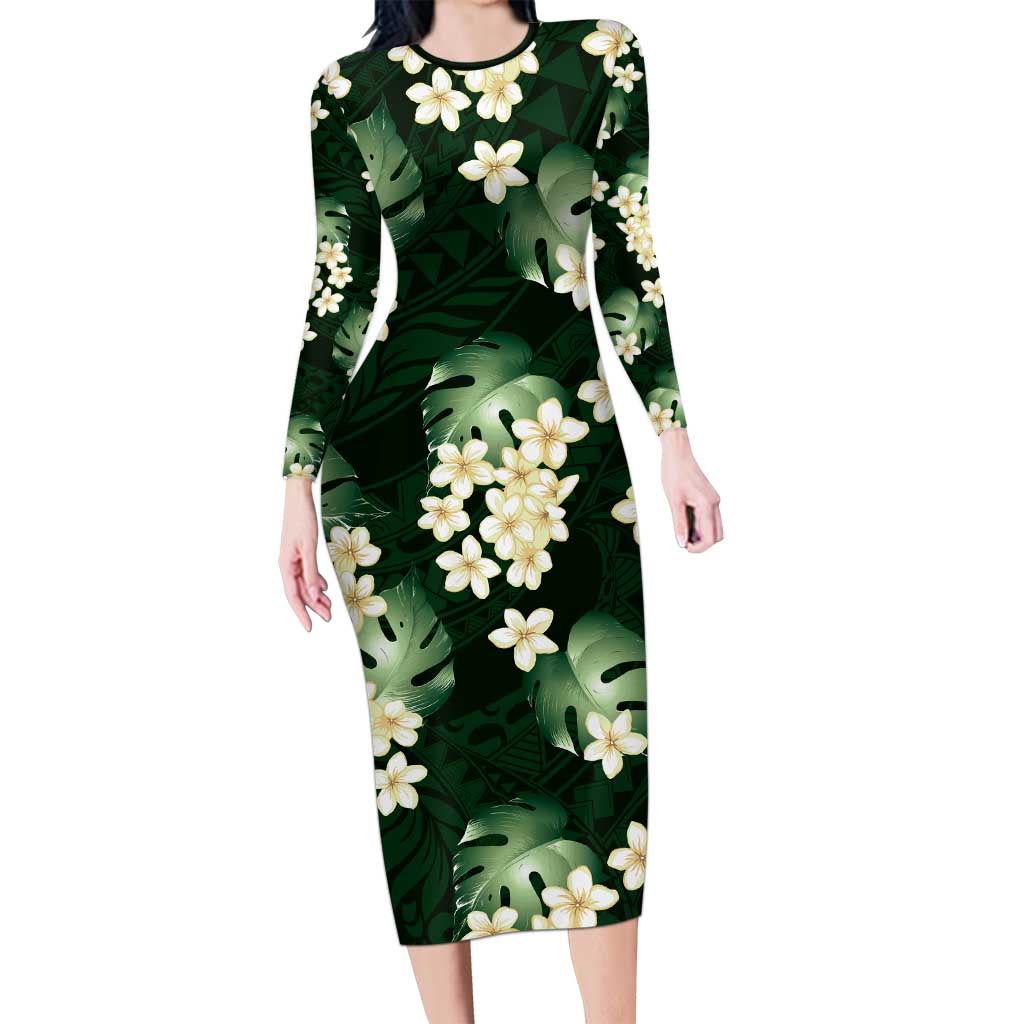 hawaiian bodycon dress Green Tropical Hawaii Long Sleeve Bodycon Dress Seamless Monstera Plumeria  Hawaiian Pattern