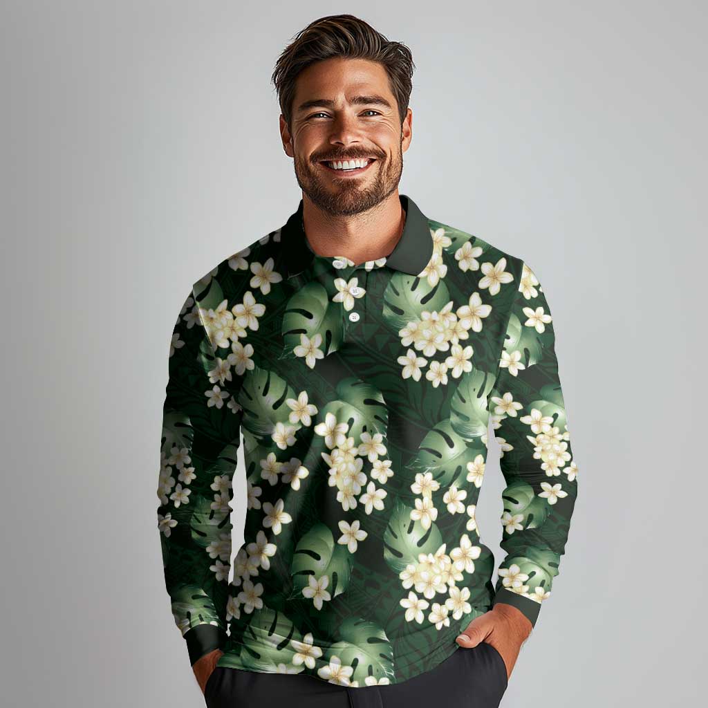 Green Tropical Hawaii Long Sleeve Polo Shirt Seamless Monstera Plumeria Hawaiian Pattern - Polynesian Pride