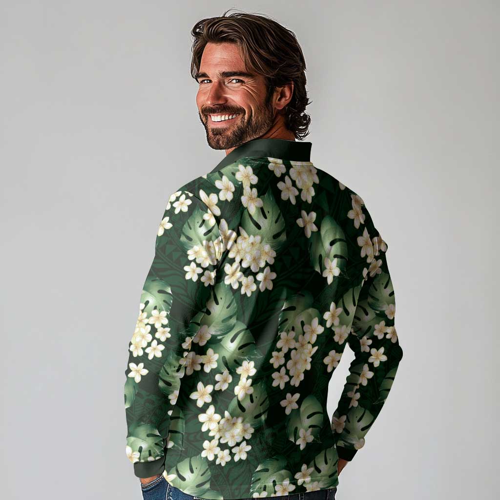 Green Tropical Hawaii Long Sleeve Polo Shirt Seamless Monstera Plumeria Hawaiian Pattern - Polynesian Pride