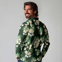 Green Tropical Hawaii Long Sleeve Polo Shirt Seamless Monstera Plumeria Hawaiian Pattern - Polynesian Pride