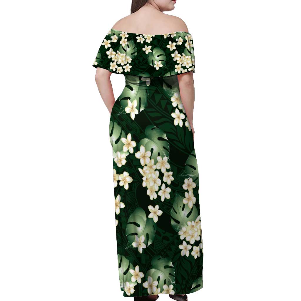 Green Tropical Hawaii Off Shoulder Maxi Dress Seamless Monstera Plumeria Hawaiian Pattern - Polynesian Pride