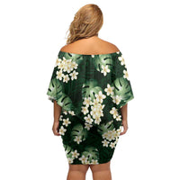 Green Tropical Hawaii Off Shoulder Short Dress Seamless Monstera Plumeria Hawaiian Pattern - Polynesian Pride