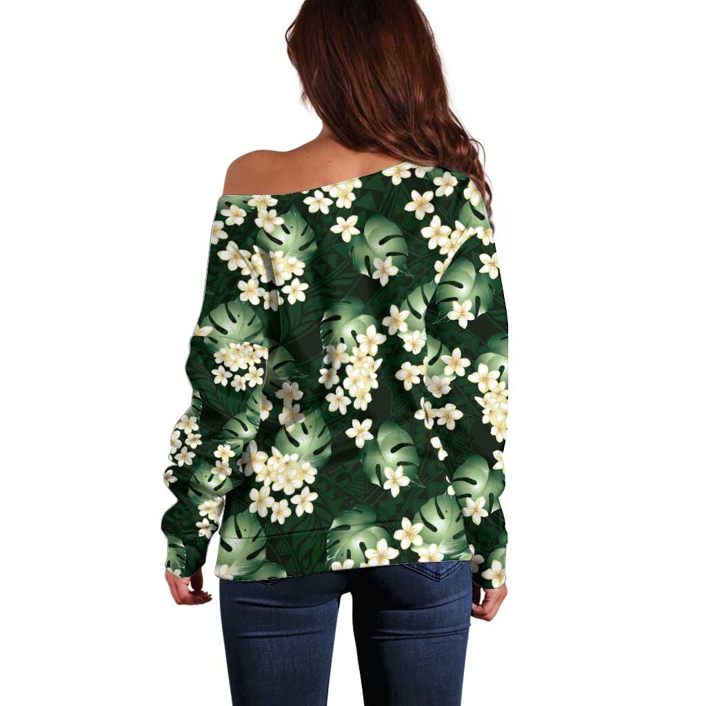 Green Tropical Hawaii Off Shoulder Sweater Seamless Monstera Plumeria Hawaiian Pattern - Polynesian Pride