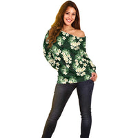 Green Tropical Hawaii Off Shoulder Sweater Seamless Monstera Plumeria Hawaiian Pattern - Polynesian Pride